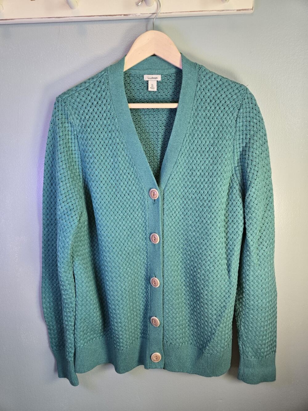 L.L. Bean XL Open Textured Knit Cardigan Button Sweater Teal Cotton Blend